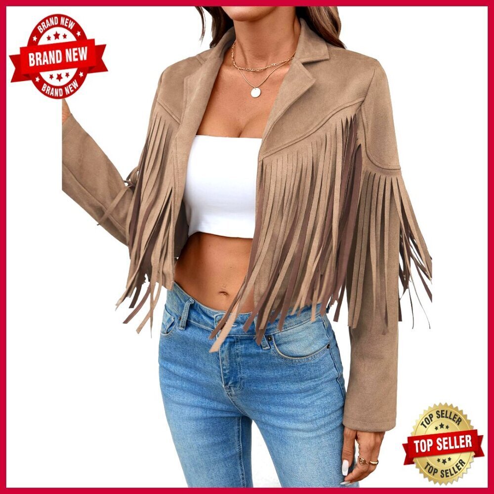 Faux Suede Cropped Jacket with Fringe Tassels, Lined, Western Style